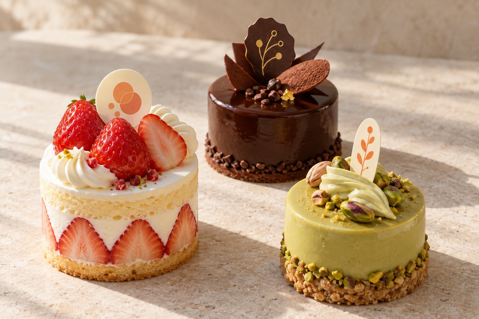 異なるデザインのケーキピックを添えた3種類のケーキのイメージ