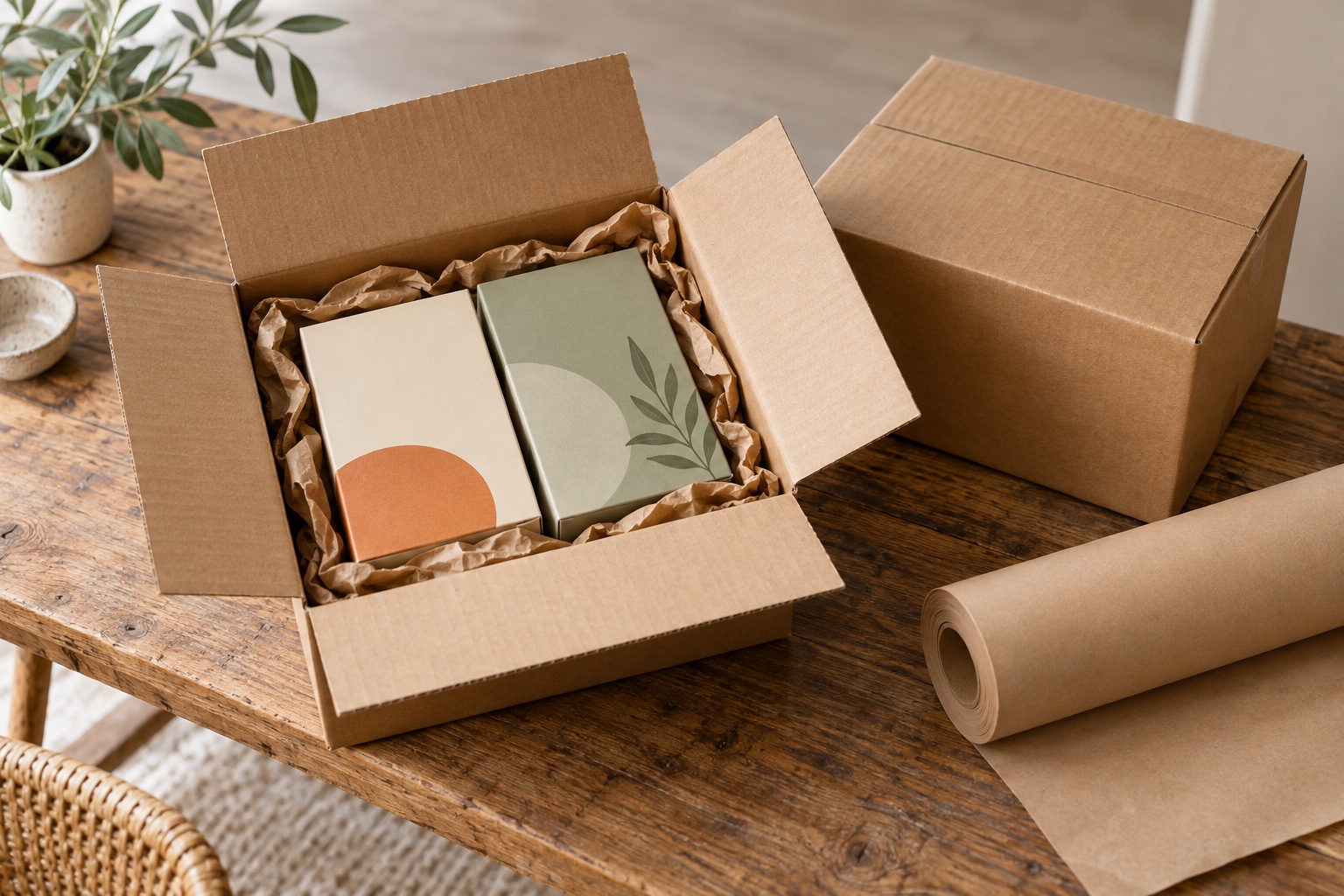 商品箱を緩衝材とともに梱包し出荷に備えるイメージ