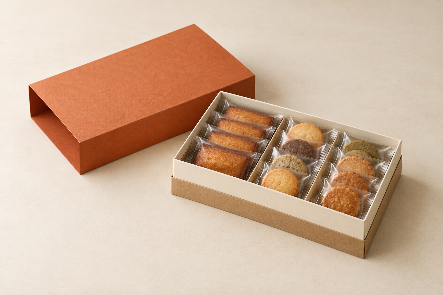 個包装の焼き菓子を並べた詰め合わせ箱のイメージ